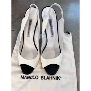 Manolo Blahnik white black slingback wedge heels peep toe Rare Retired y2k shoes